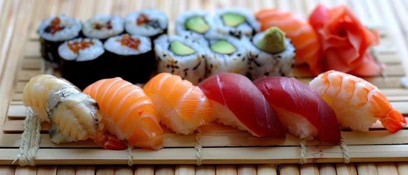 A variety of sushi rolls laid out on a rectangular bamboo mat. The sushi rolls are different sizes and colors, and some have visible fillings like avocado and salmon