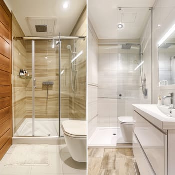 Set of modern, bright bathroom with a freestanding tub, wooden vanity, and glass shower