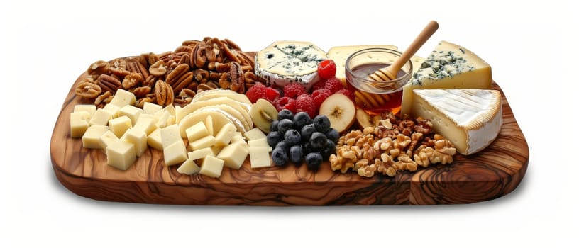 A gourmet cheese platter with assorted fruits, nuts, and honey on a wooden board, isolated on a white background