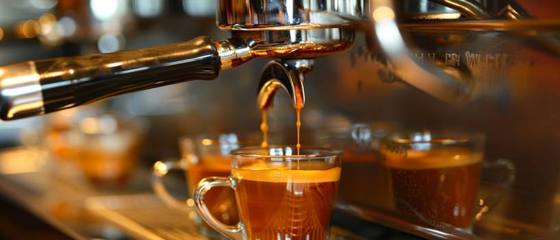Close-up of dark roast coffee being poured from a stainless steel carafe into a clear glass mug. The coffee streams into the mug creating a small amount of crema on the surface