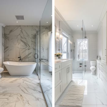 Set of modern, bright bathroom with a freestanding tub, wooden vanity, and glass shower