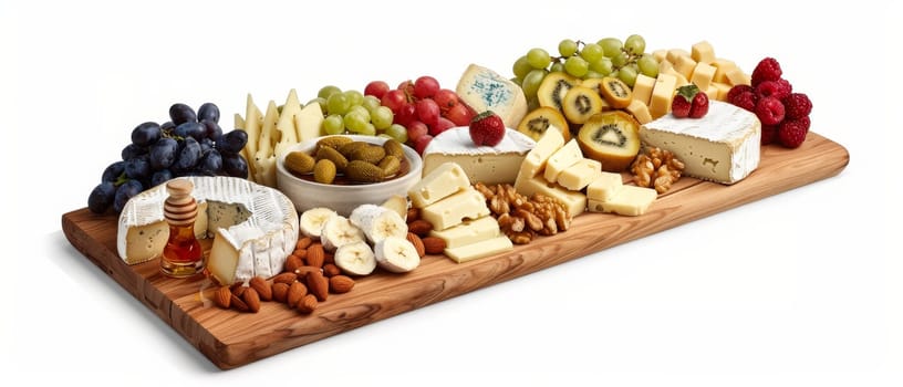 A gourmet cheese platter with assorted fruits, nuts, and honey on a wooden board, isolated on a white background