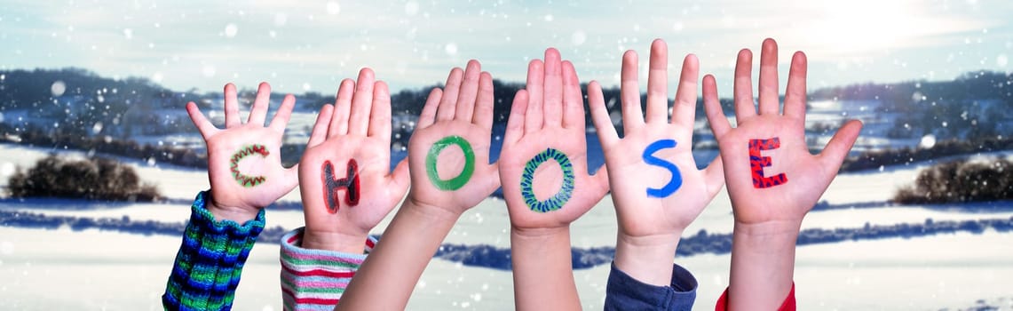 Children Hands Building Colorful English Word Creative. White Winter Background With Snowflakes And Snowy Landscape.