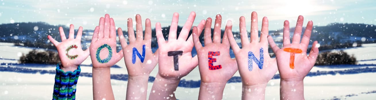 Children Hands Building Colorful English Word Content. White Winter Background With Snowflakes And Snowy Landscape.