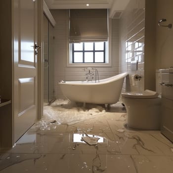 Bathroom flooded with water reaching the toilets and shower. Damage is visible on the walls and floor