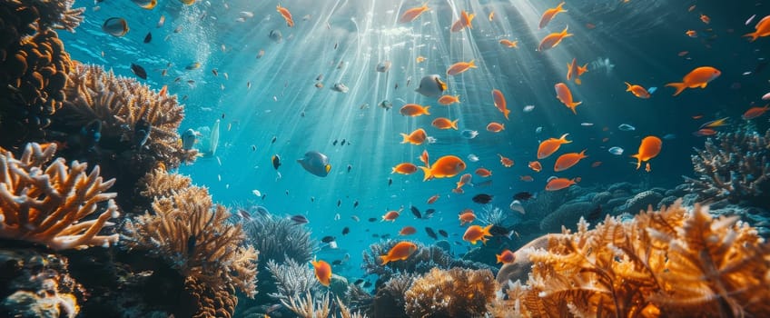 A colorful coral reef teeming with various fish swimming around the coral formations