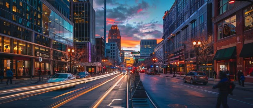 Sunset illuminates a bustling city street, casting a warm glow on the buildings and vehicles, highlighting urban life