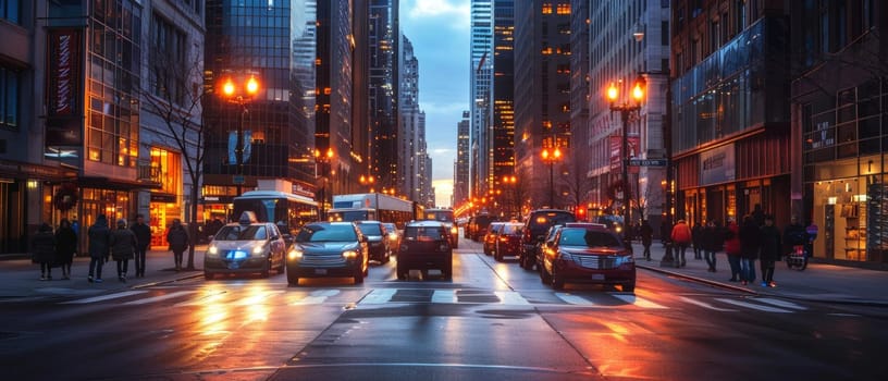 Sunset illuminates a bustling city street, casting a warm glow on the buildings and vehicles, highlighting urban life