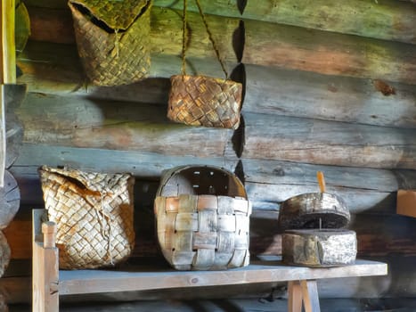 Braided bags and a basket of birch bark. Braided bags and a basket of birch bark.
