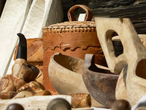 Braided bags and a basket of birch bark. Braided bags and a basket of birch bark.