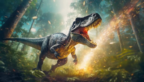 Ferocious T-rex running out of the jungle as comets keep falling on the prehistoric Earth. Scene of asteroid collision causing the extinction of the dinosaurs