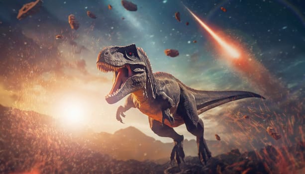 Tyrannosaurus running from falling meteors and comets. Immense asteroid collision causing the extinction of the dinosaurs millions years ago