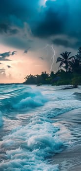 tropical beach view at cloudy stormy night with white sand, turquoise water and palm trees. Neural network generated image. Not based on any actual scene or pattern.