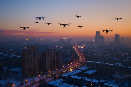 group of drones over city at winter sunset or sunrise. Neural network generated image. Not based on any actual scene or pattern.