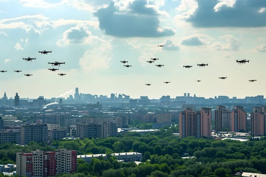 swarm of drones over city at summer morning. Neural network generated image. Not based on any actual scene or pattern.