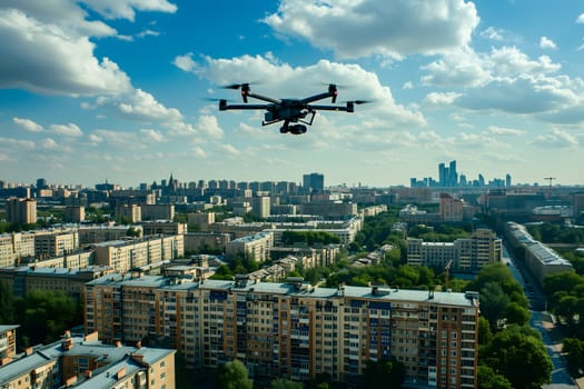 Flying drone above the city at summer day. Neural network generated image. Not based on any actual scene or pattern.