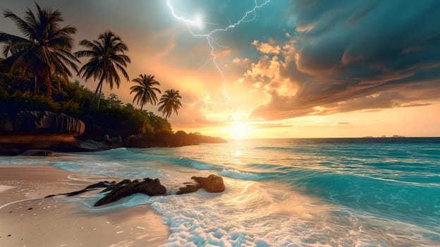 tropical beach view at cloudy stormy sunset with white sand, turquoise water and palm trees. Neural network generated image. Not based on any actual scene or pattern.