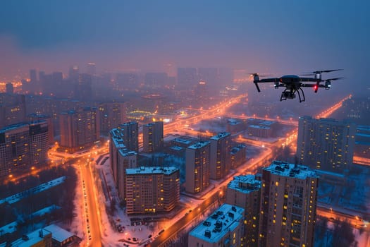 Flying drone above the city at snowy winter night. Neural network generated image. Not based on any actual scene or pattern.