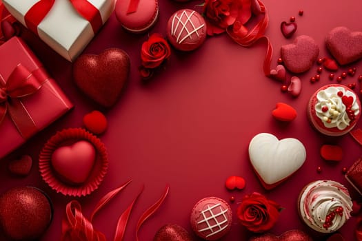 Top view Valentines Day or birthday party layout with red decor. Neural network generated image. Not based on any actual person or scene.
