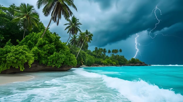 tropical beach view at cloudy stormy day with white sand, turquoise water and palm trees. Neural network generated image. Not based on any actual scene or pattern.