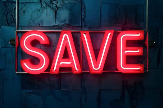 Neon word save on dark shabby wall. Neural network generated image. Not based on any actual scene or pattern.