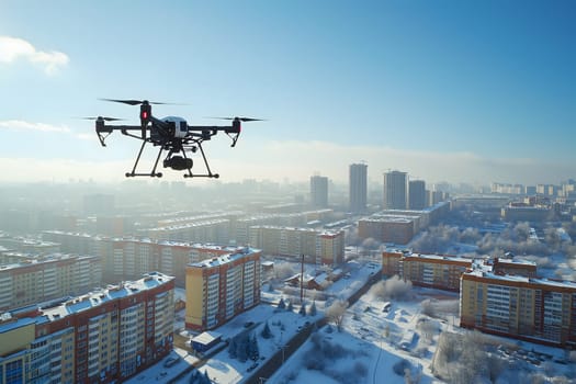 Flying drone above the city at snowy winter morning. Neural network generated image. Not based on any actual scene or pattern.