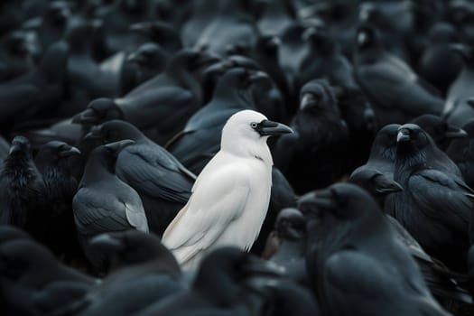 A white crow among many black crows. Neural network generated image. Not based on any actual scene or pattern.