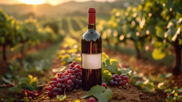A red wine bottle in front of a landscape of grape farmland. Neural network generated image. Not based on any actual scene or pattern.
