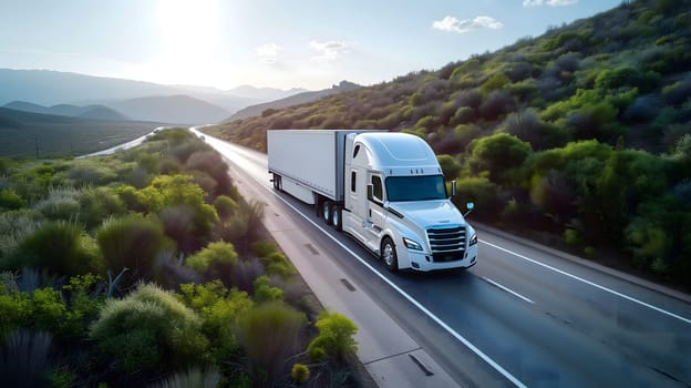 American long-nose semitruck on a highway. Neural network generated image. Not based on any actual scene or pattern.