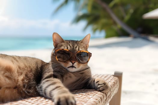 tabby cat with sunglasses laid on tropical beach, vacation theme. Neural network generated image. Not based on any actual person or scene.