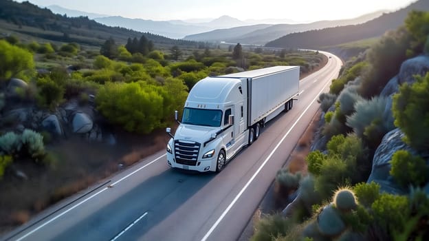 American long-nose semitruck on a highway. Neural network generated image. Not based on any actual scene or pattern.