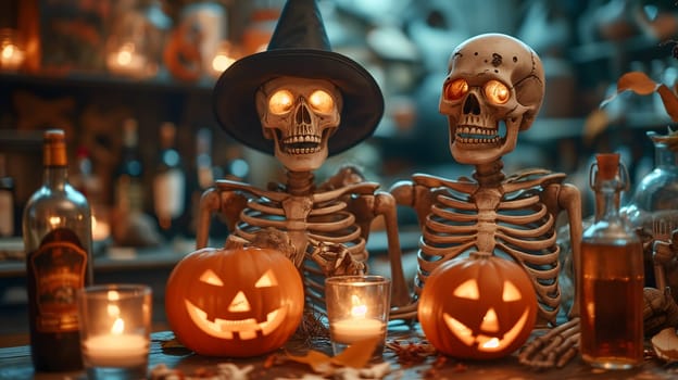 Skeletons sitting at the table and having a Halloween party. Neural network generated image. Not based on any actual scene or pattern.