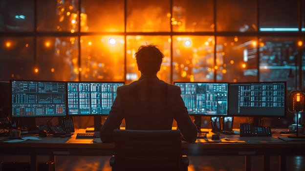Back view of a financial analyst day trader working on computer with many screens that shows real-time stock data. Neural network generated image. Not based on any actual scene or pattern.
