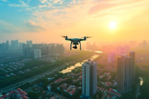 Flying drone above the city at summer morning. Neural network generated image. Not based on any actual scene or pattern.