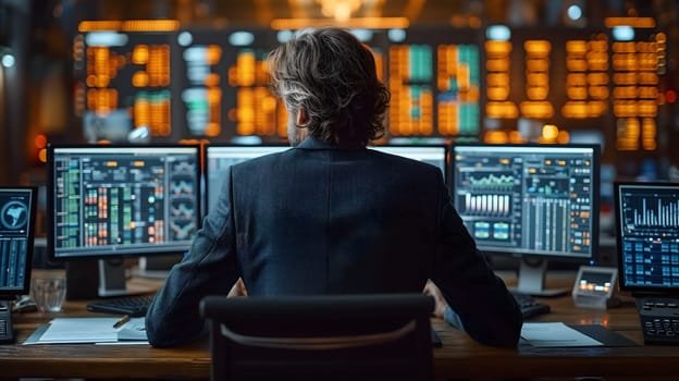 Back view of a financial analyst day trader working on computer with many screens that shows real-time stock data. Neural network generated image. Not based on any actual scene or pattern.