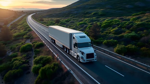 American long-nose semitruck on a highway. Neural network generated image. Not based on any actual scene or pattern.