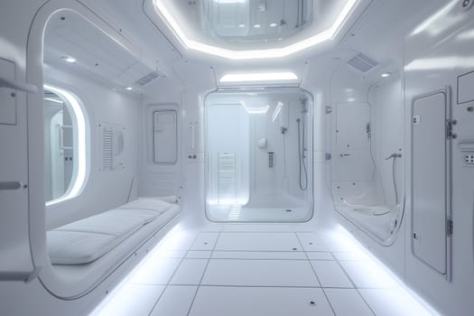 futuristic clean white space station style interior of bedroom. Neural network generated image. Not based on any actual scene or pattern.