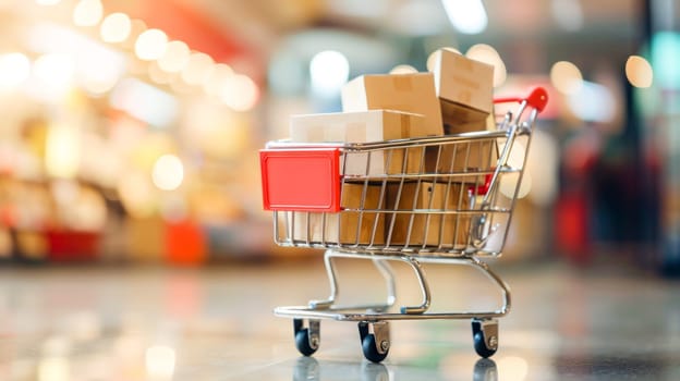 A miniature shopping cart filled with small cardboard boxes, symbolizing online shopping and delivery, against a blurred store background.