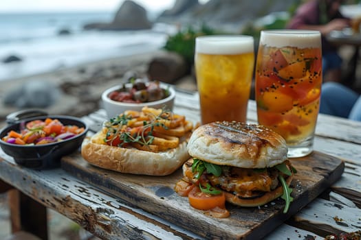 Illustration of delicious looking food beautifully arranged on a beach by the sea. Can be used to attract tourists, promote seaside restaurants, food products, catering services or travel packages