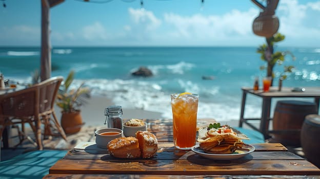 Illustration of delicious looking food beautifully arranged on a beach by the sea. Can be used to attract tourists, promote seaside restaurants, food products, catering services or travel packages