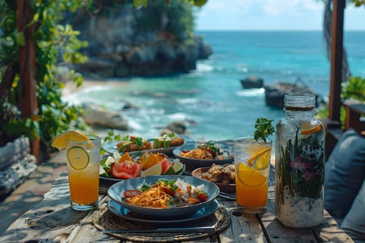 Illustration of delicious looking food beautifully arranged on a beach by the sea. Can be used to attract tourists, promote seaside restaurants, food products, catering services or travel packages