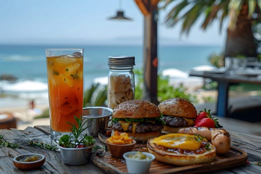 Illustration of delicious looking food beautifully arranged on a beach by the sea. Can be used to attract tourists, promote seaside restaurants, food products, catering services or travel packages