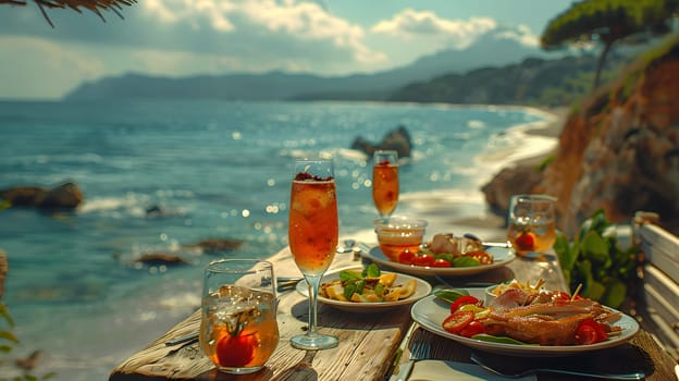 Illustration of delicious looking food beautifully arranged on a beach by the sea. Can be used to attract tourists, promote seaside restaurants, food products, catering services or travel packages