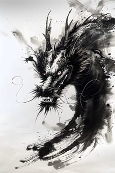 Illustration of Chinese brush painting of a dragon. Black ink lines drawn by master artist. It is a line that has weight, heaviness and lightness in art. Suitable for applying and decorating anywhere.