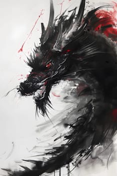 Illustration of Chinese brush painting of a dragon. Black ink lines drawn by master artist. It is a line that has weight, heaviness and lightness in art. Suitable for applying and decorating anywhere.