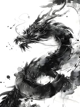 Illustration of Chinese brush painting of a dragon. Black ink lines drawn by master artist. It is a line that has weight, heaviness and lightness in art. Suitable for applying and decorating anywhere.