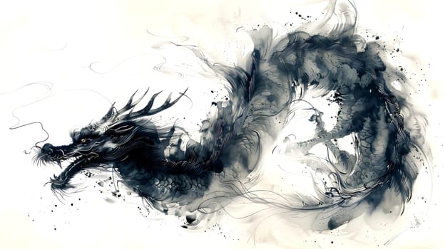 Illustration of Chinese brush painting of a dragon. Black ink lines drawn by master artist. It is a line that has weight, heaviness and lightness in art. Suitable for applying and decorating anywhere.