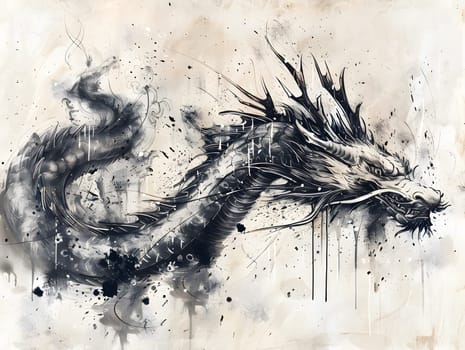 Illustration of Chinese brush painting of a dragon. Black ink lines drawn by master artist. It is a line that has weight, heaviness and lightness in art. Suitable for applying and decorating anywhere.