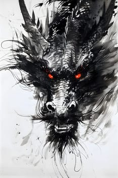Illustration of Chinese brush painting of a dragon. Black ink lines drawn by master artist. It is a line that has weight, heaviness and lightness in art. Suitable for applying and decorating anywhere.