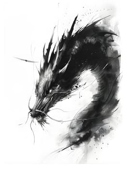 Illustration of Chinese brush painting of a dragon. Black ink lines drawn by master artist. It is a line that has weight, heaviness and lightness in art. Suitable for applying and decorating anywhere.